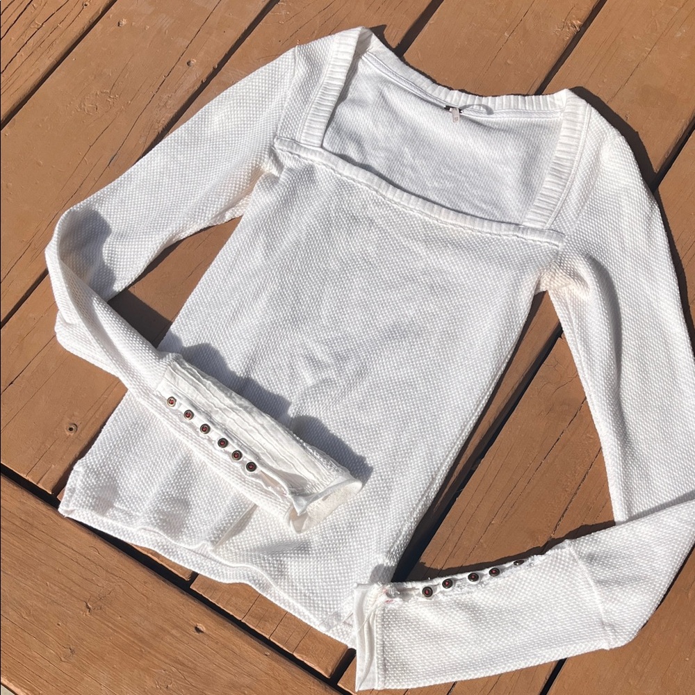 FREE PEOPLE - white square neck Long Sleeve Top with Button Details